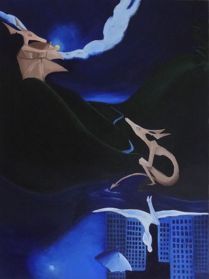 painting of a bat-like creature sitting on a hll looking at the moon held by where another similar creature