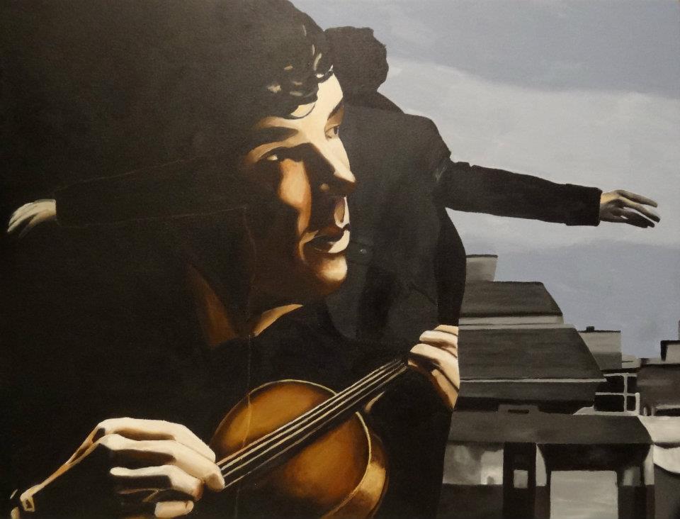 painting of a portrait of Benedict Cumberbatch as Sherlock Holmes with playing Violin