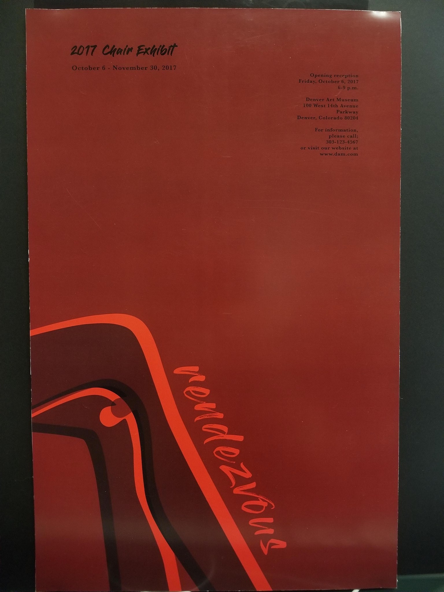 poster for Denver Art Museum Exhibit in red colors. On the lower left corner a part of a chair looking like a woman's leg. Name Rendevous
